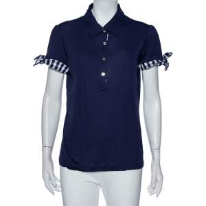 Carolina Herrera Indigo Cotton Check Trim Detail Polo T-Shirt L