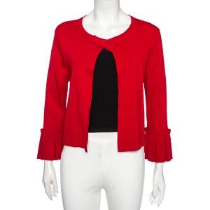 Pre Owned CH Carolina Herrera Red Knit Buttoned Bow Neck Detail Cape Cardigan L