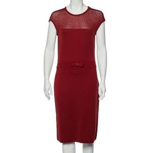 Pre Owned CH Carolina Herrera Burgundy Wool Knit Bow Detail Sleeveless Dress L