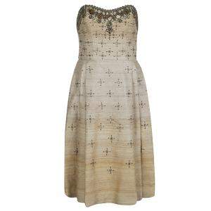 Pre Owned Carolina Herrera Beige Ombre Raw Silk Embellished Strapless Dress M