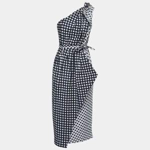 Carolina Herrera Navy Blue/White Polka Dot Contrast Taffeta One Shoulder Midi Dress L