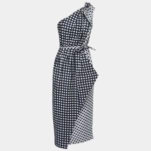 Carolina Herrera Navy Blue/Grey Polka Dot Taffeta One Shoulder Cascade Midi Dress M