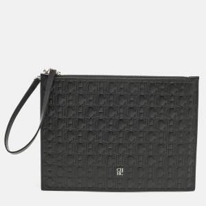 مملوكة مسبقًا Carolina Herrera Black Monogram Embossed Leather Wristlet Pouch