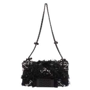 Pre Owned Carolina Herrera Black Tweed CH Flap Shoulder Bag