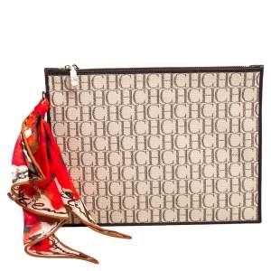 Pre Owned Carolina Herrera Ivory/Brown Monogram Canvas and Leather Zip Pouch 