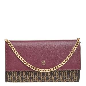 Pre Owned Carolina Herrera Burgundy/Brown PVC and Leather Wallet On Chain