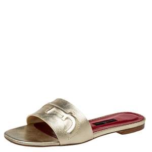 Carolina Herrera Metallic Gold Leather Slide Sandals Size 38