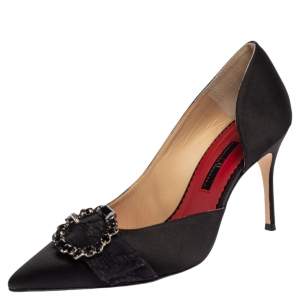Carolina Herrera Black Satin Crystal Embellished Buckle Pointed Toe Pumps Size 39