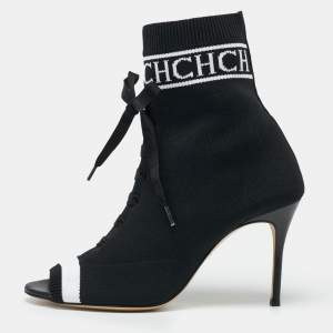 Pre Owned Carolina Herrera Black Knit Fabric  Peep Toe Ankle  Boots Size 39 