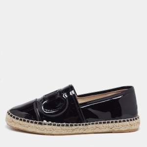 Pre Owned Carolina Herrera Black Patent Leather Logo Espadrilles Flats Size 38