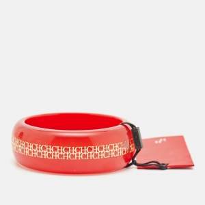  Carolina Herrera CH Red Resin Gold Tone Metal Wide Bangle Bracelet