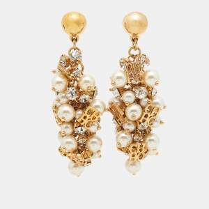 Carolina Herrera CH Faux Pearl Crystal Gold Tone Earrings