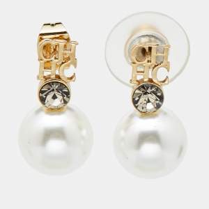  Carolina Herrera CH Faux Pearl Gold Tone Earrings