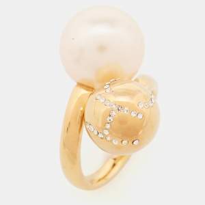 Carolina Herrera CH Crystals Faux Pearl Gold Tone Ring Size 50