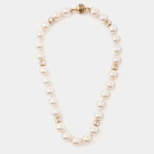 Carolina Herrera CH Faux Pearl Crystals Gold Tone Necklace