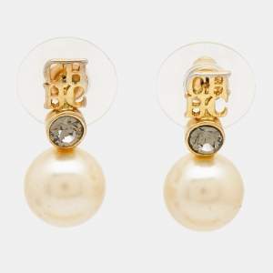  Carolina Herrera CH Crystals Faux Pearl Gold Tone Earrings