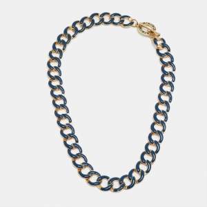 Carolina Herrera CH Blue/Orange Enamel Gold Tone Metal Necklace