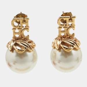Carolina Herrera CH Faux Pearl Gold Tone Earrings