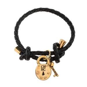 Pre Owned CH Carolina Herrera Lock & Key Braided Black Leather Gold Tone Bracelet