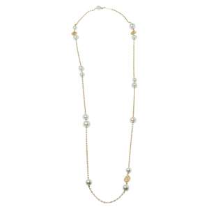 Pre Owned CH Carolina Herrera Gold Tone Logo Faux Pearl Station Necklace