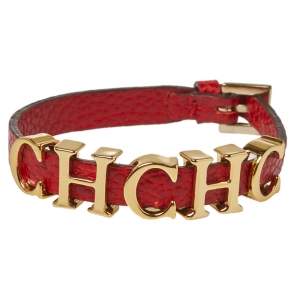 Pre Owned CH Carolina Herrera Red Leather Gold Tone Logo Charm Bracelet