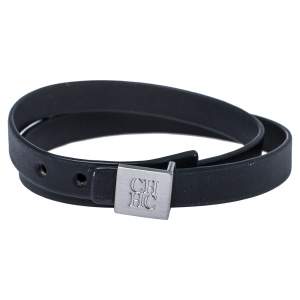 Pre Owned Carolina Herrera Black Leather Brushed Silver Tone Double Wrap Bracelet