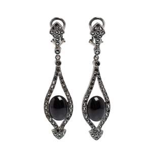 Pre Owned Carolina Herrera Black Crystal Resin Gunmetal Tone Drop Earrings