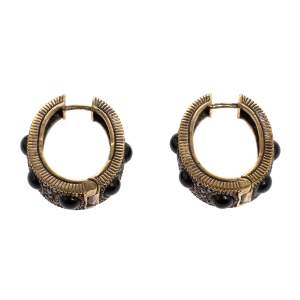 Pre Owned Carolina Herrera Black Crystal Resin Gold Tone Hoop Earrings