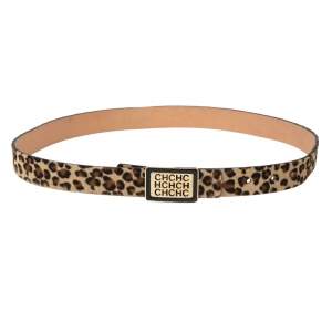 Carolina Herrera Brown/Beige Leopard Print Calf Hair Logo Belt 85CM