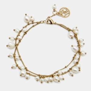 Pre Owned Carolina Herrera Faux Pearl Gold Tone Double Chain Bracelet