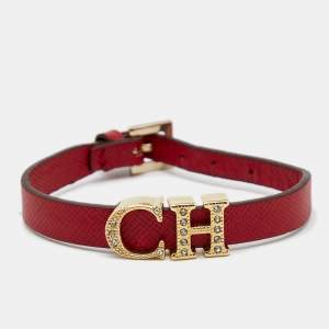 Carolina Herrera Crystal Logo Charm Red Leather Gold Tone Bracelet