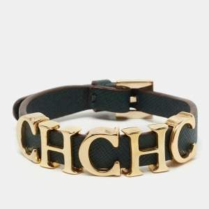  Carolina Herrera CH Green Leather Logo Wrap Bracelet