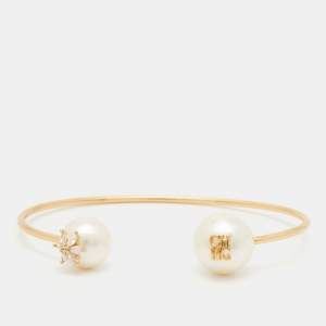 Pre Owned Carolina Herrera Faux Pearl Crystals Gold Tone Bracelet