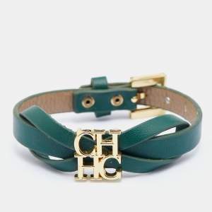 Pre Owned CH Carolina Herrera Black Leather Logo Bow Bracelet