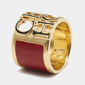 Carolina Herrera CH Logo Enamel Gold Tone Wide Band Ring