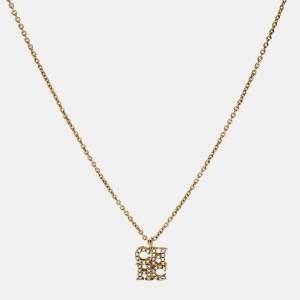 Pre Owned CH Carolina Herrera Crystal Logo Pendant Gold Tone Necklace