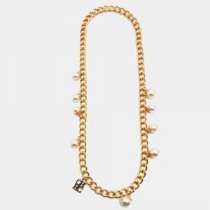 Carolina Herrera CH Faux Pearl Gold Tone Long Chain Link Necklace
