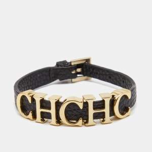 Carolina Herrera CH Black Leather Gold Tone Logo Bracelet