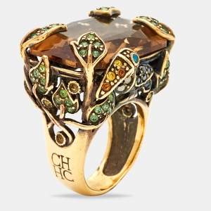 Carolina Herrera CH Crystals Gold Tone Ring Size 56
