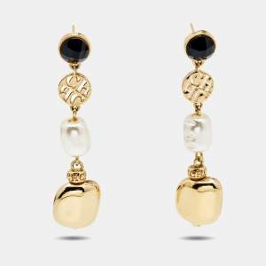 Carolina Herrera CH Crystal Faux Pearl Gold Tone Earrings