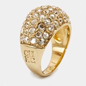 Carolina Herrera Crystal Studded Gold Tone Dome Ring Size 56