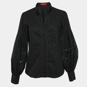 Carolina Herrera Black Cotton Lace Trim Puff Sleeve Shirt M