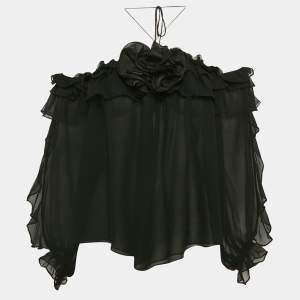 Carolina Herrera Black Silk Floral Detail Off-Shoulder Top M