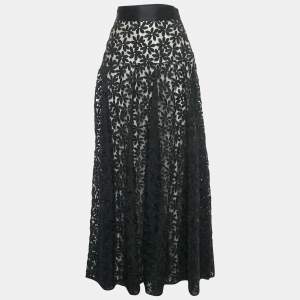 Carolina Herrera Black Floral Lace Raw Edge Maxi Skirt M