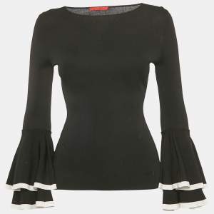 Carolina Herrera Black Stretch Knit Bell Sleeve Top XS