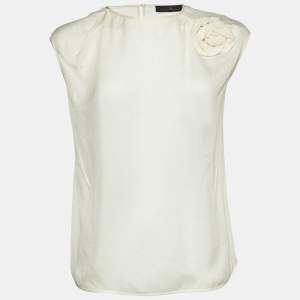 Carolina Herrera Off-White Silk Rose Embellish Detail Sleeveless Top M