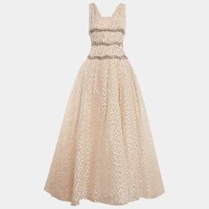 Carolina Herrera Beige Fil Coupe Jacquard Crystal Embellished Gown M