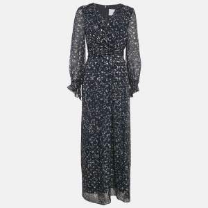 Carolina Herrera Navy Blue Printed Lurex Silk Maxi Dress M