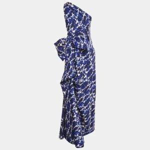 Carolina Herrera Blue Rose Print Cotton Blend One Shoulder Maxi Dress L