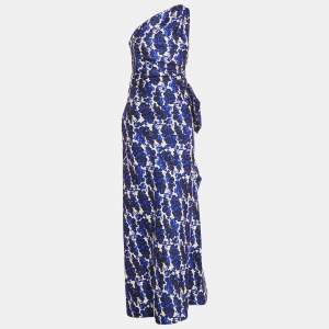 Pre Owned Carolina Herrera Blue Rose Print Cotton Blend One Shoulder Maxi Dress L